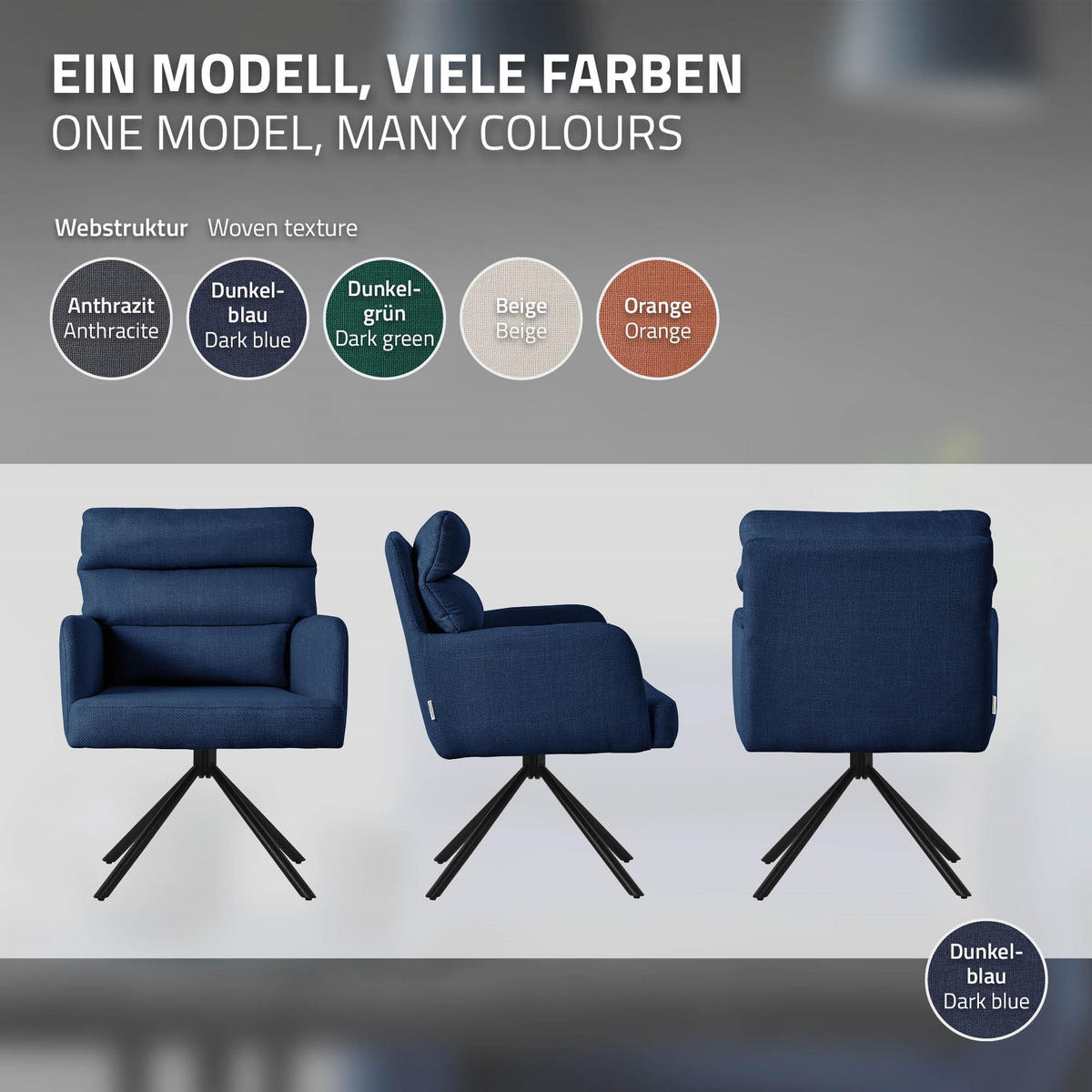 ESSZIMMERSTUHL drehbar Dunkelblau Stoffbezug - Schwarz/Dunkelblau, Textil/Metall (64.5/93/64cm) - ML-DESIGN
