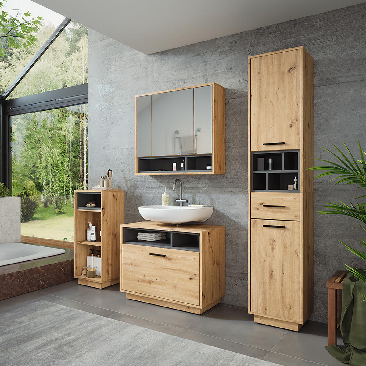 KOUPELNOVÁ SESTAVA NÁBYTKU Beatrice Dub Artisan/antracit - antracitová/dub artisan, kompozitní dřevo (80/64/35cm) - Vicco