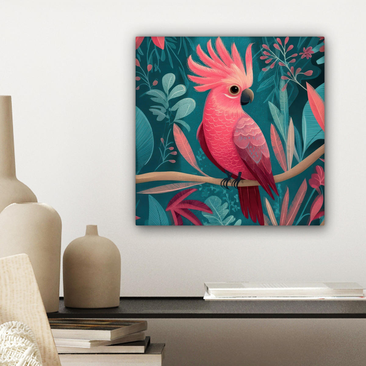 LEINWANDBILD Kakadu - Tropische Blätter - Zweig Deko Wohnzimmer 20x20 cm - Petrol, Textil (20/20cm) - MuchoWow