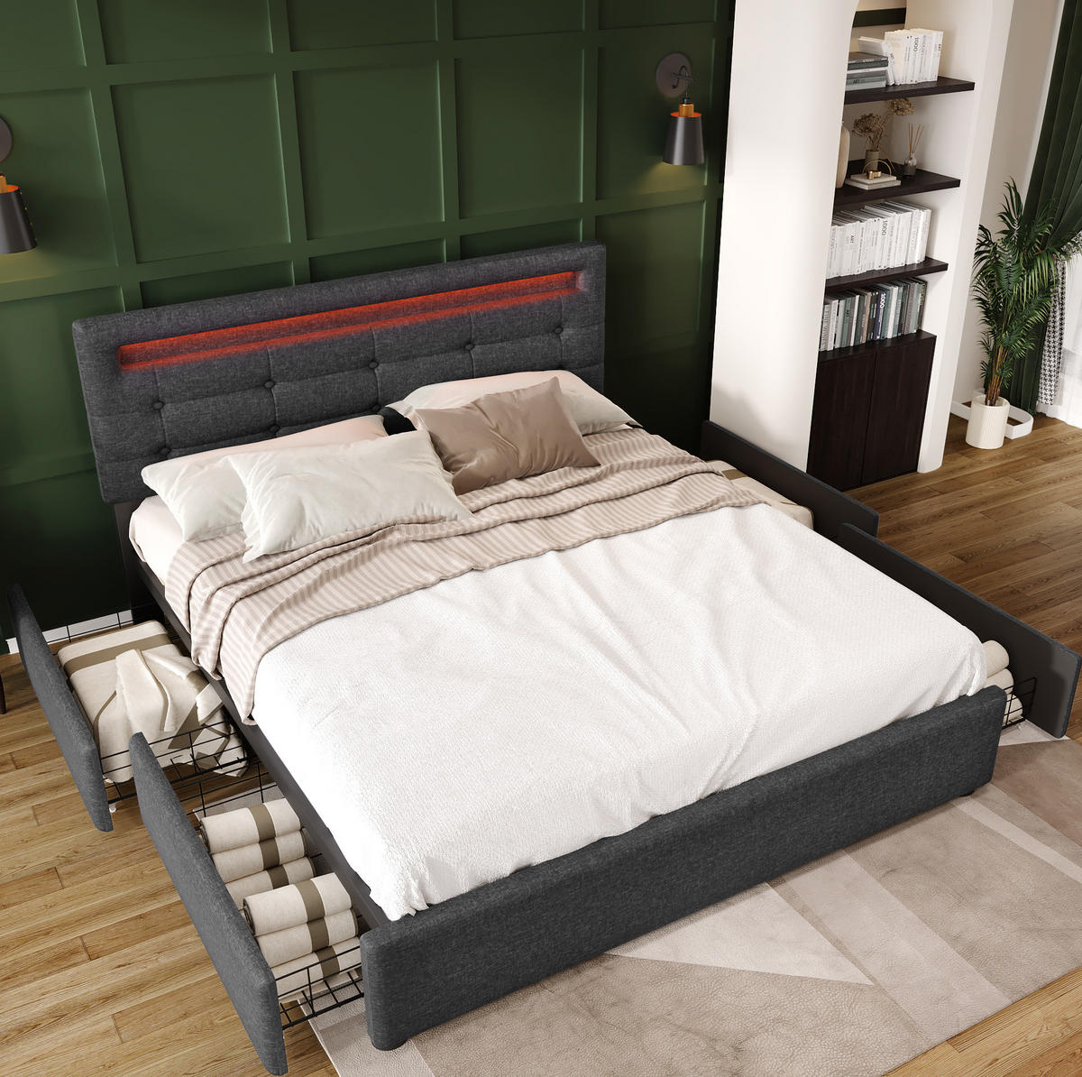POLSTERBETT 140/200 cm grau mit LED-Beleuchtung und 4 Schubladen - Grau, Textil (140/200cm) - OKWISH