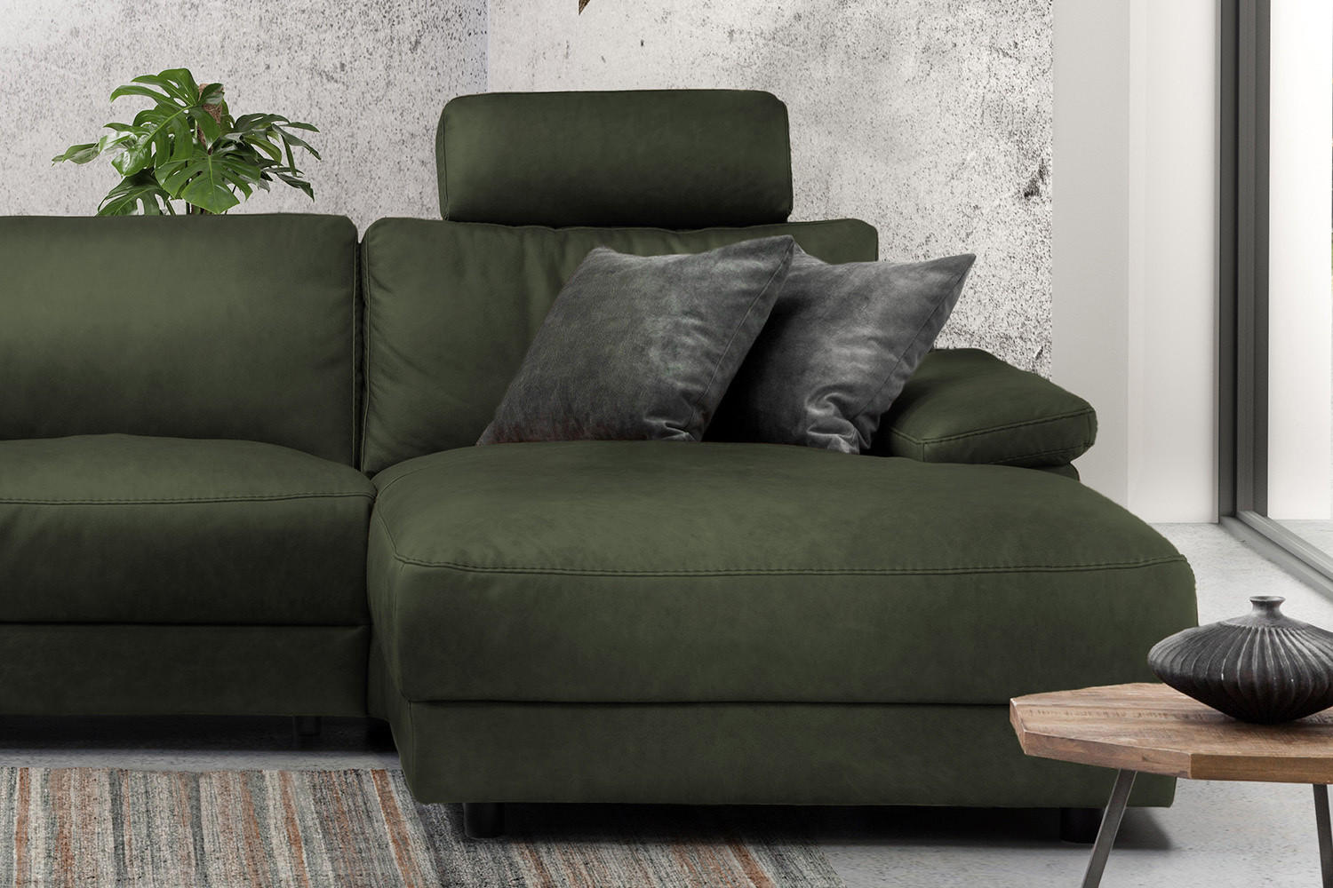 ECKSOFA XL MOTOR. RELAXFUNKTION LOLA Dunkelgrün Leder - Dunkelgrün/Schwarz, Leder (304/178cm) - KAWOLA