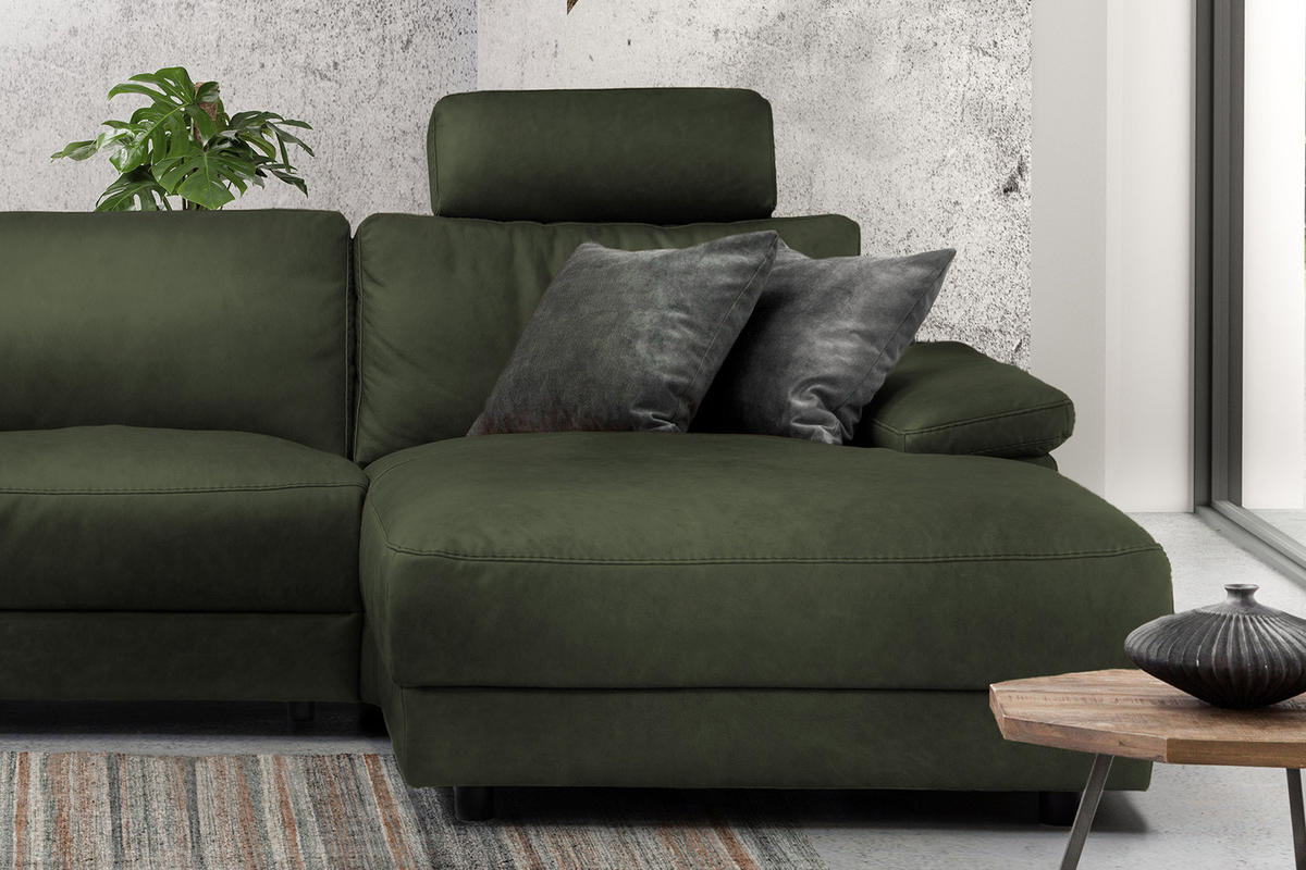 ECKSOFA XL MOTOR. RELAXFUNKTION LOLA Dunkelgrün Leder - Dunkelgrün/Schwarz, Leder (304/178cm) - KAWOLA