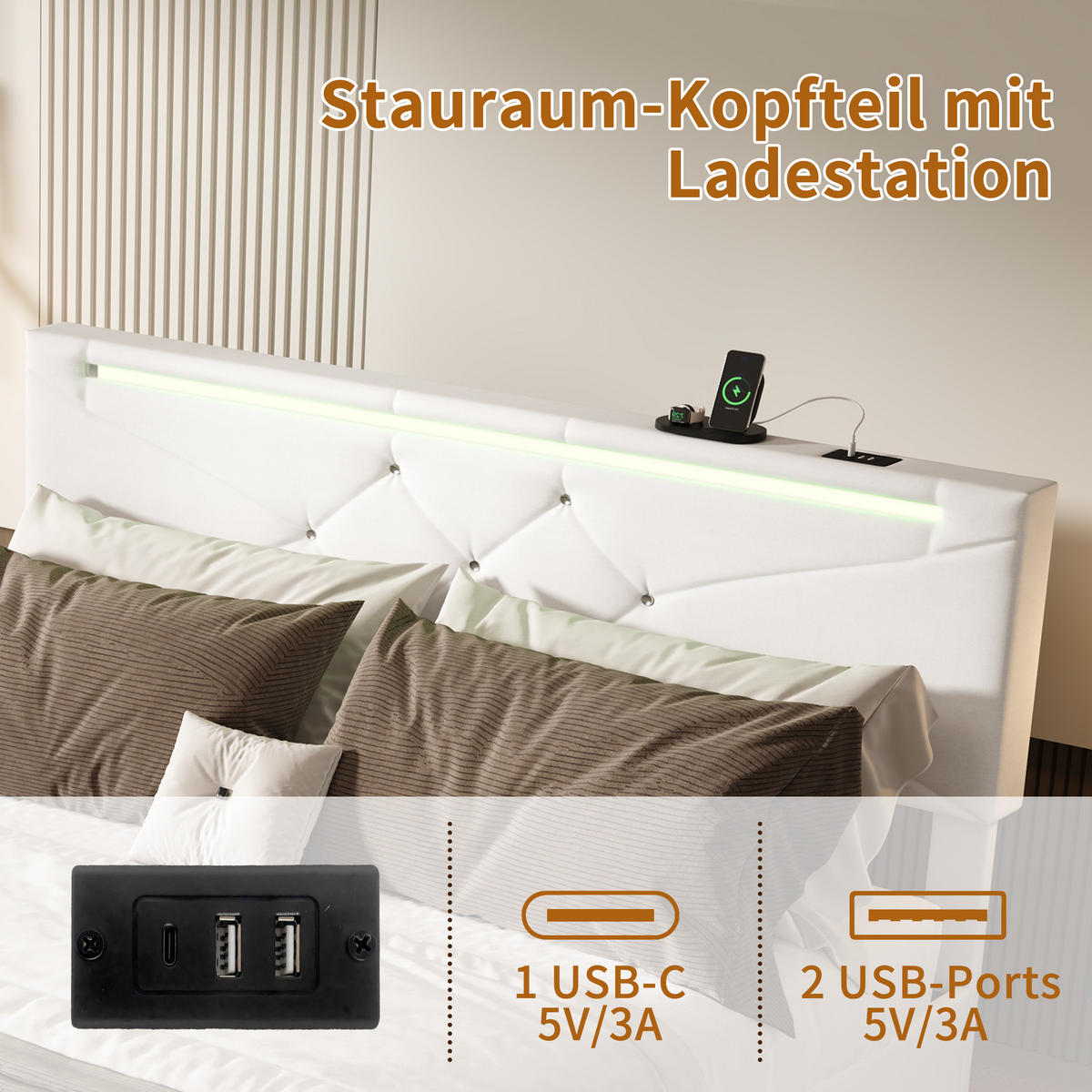 POLSTERBETT 140/190 cm Weiß mit hydraulischem Stauraum, LED-Beleuchtung, höhenverstellbarem Kopfteil und USB-Anschluss - Weiß, Metall (140/190cm) - EuroLiving