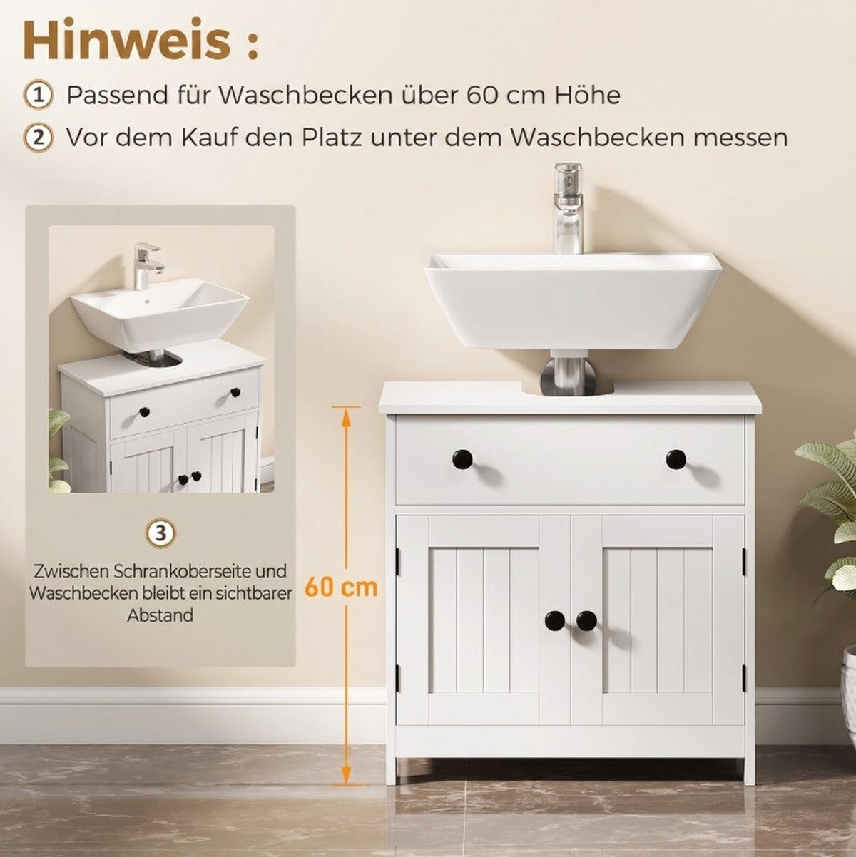 WASCHBECKENUNTERSCHRANK aus MDF 60x30x60 cm Weiß mit U-Ausschnitt, Soft-Close und praktischem Stauraum - Weiß, Holz (60/60/30cm) - Modfu