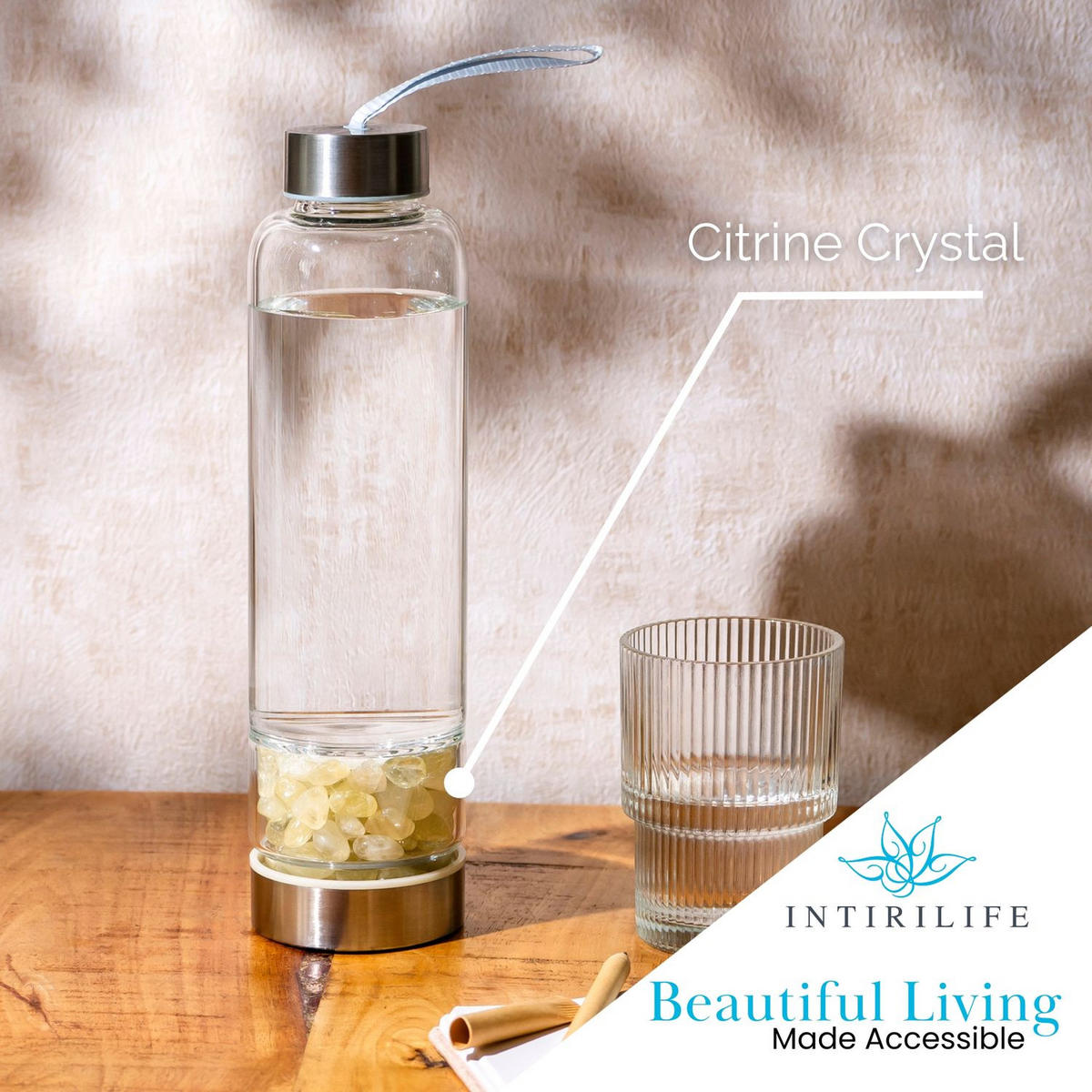 WASSERFLASCHE mit Heilsteinen und Tasche 400ml - Gelb, Glas (0.4L) - Intirilife