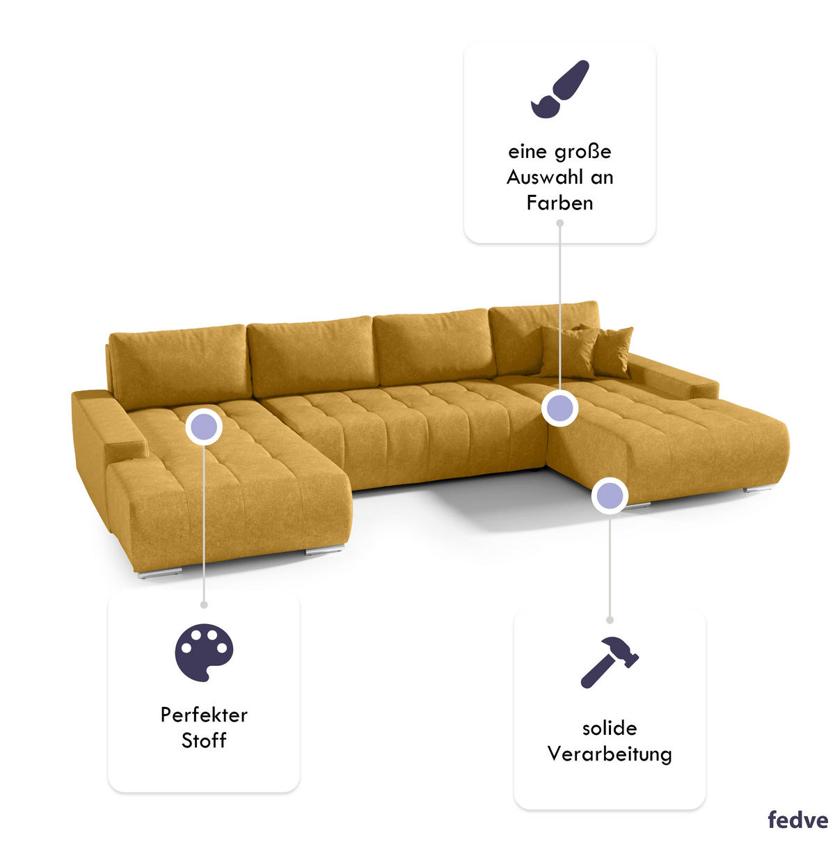 WOHNLANDSCHAFT mit Schlaffunktion Dhaka U, Honig - Honig, Textil (185/85/350cm) - Fedve