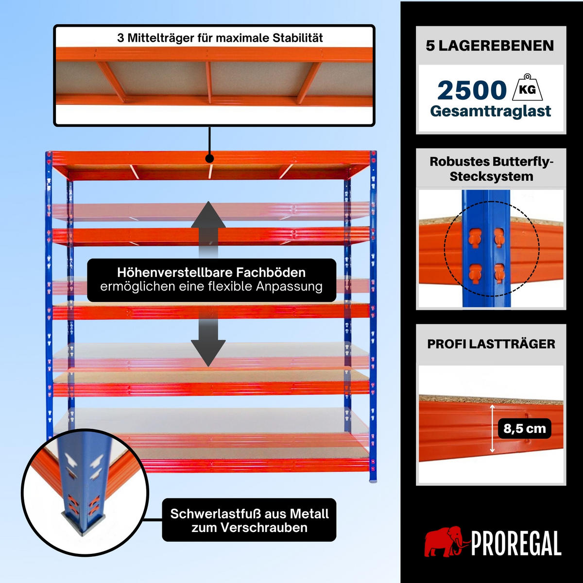 SCHWERLASTREGAL Rhino 200x200x60 cm 5 Spanplatten-Ebenen 8mm Fachlast 500 kg Blau/Orange - Blau/Orange, Metall (200/200/60cm) - PROREGAL