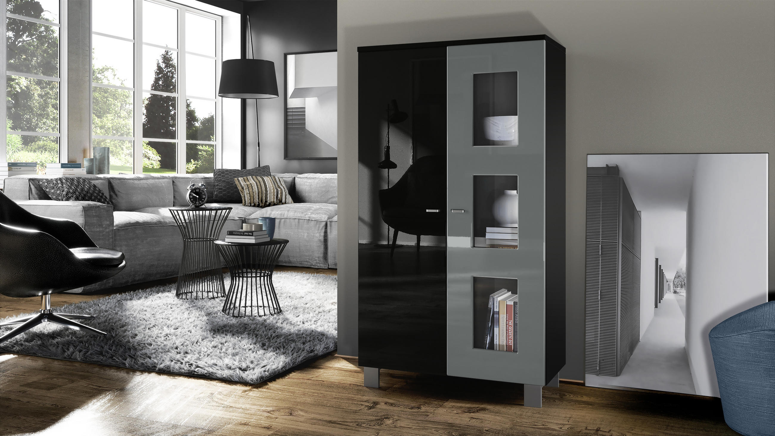 VITRINE Denjo Tür in Grau Hochglanz - Grau, Holzwerkstoff (71/129/35cm) - Vladon