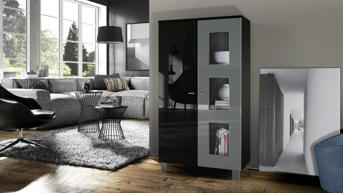 VITRINE Denjo Tür in Grau Hochglanz - Grau, Holzwerkstoff (71/129/35cm) - Vladon