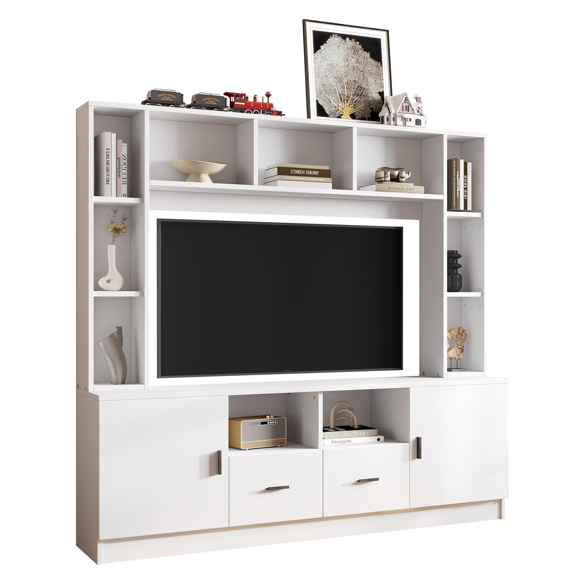 TV WOHNWAND SET 180cm Vitrine 2 Schränke 11 Fächer Weiß modern - Weiß, Holzwerkstoff (35/170/180cm) - FLIEKS