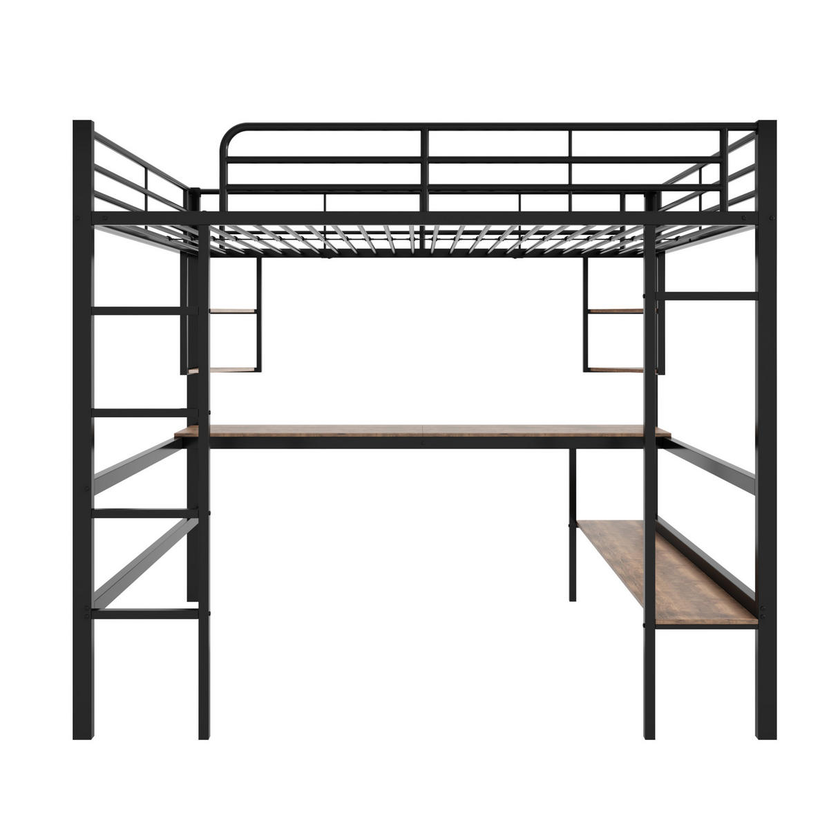 HOCHBETT mit Schreibtisch 140/200 cm in Schwarz – mit Regalen und Rausfallschutz - Schwarz, Metall (140/200cm) - BEAOK