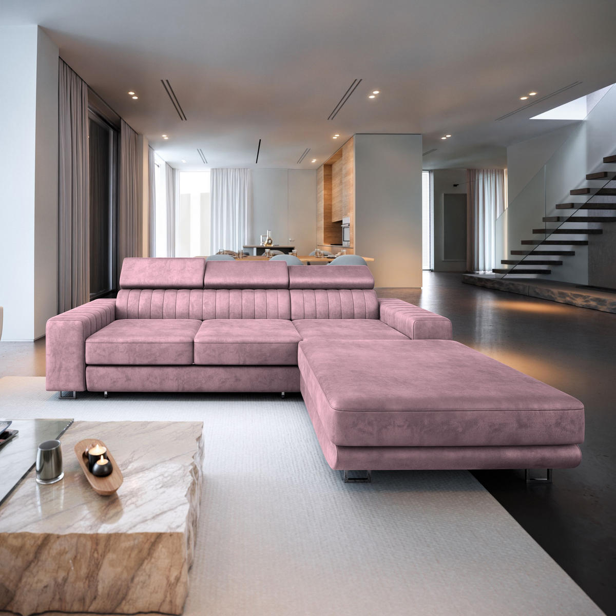 ECKSOFA NOTO R-S Lila Velours-Stoff mit Schlaffunktion - Lila, Holz (267/190cm) - MASSENO