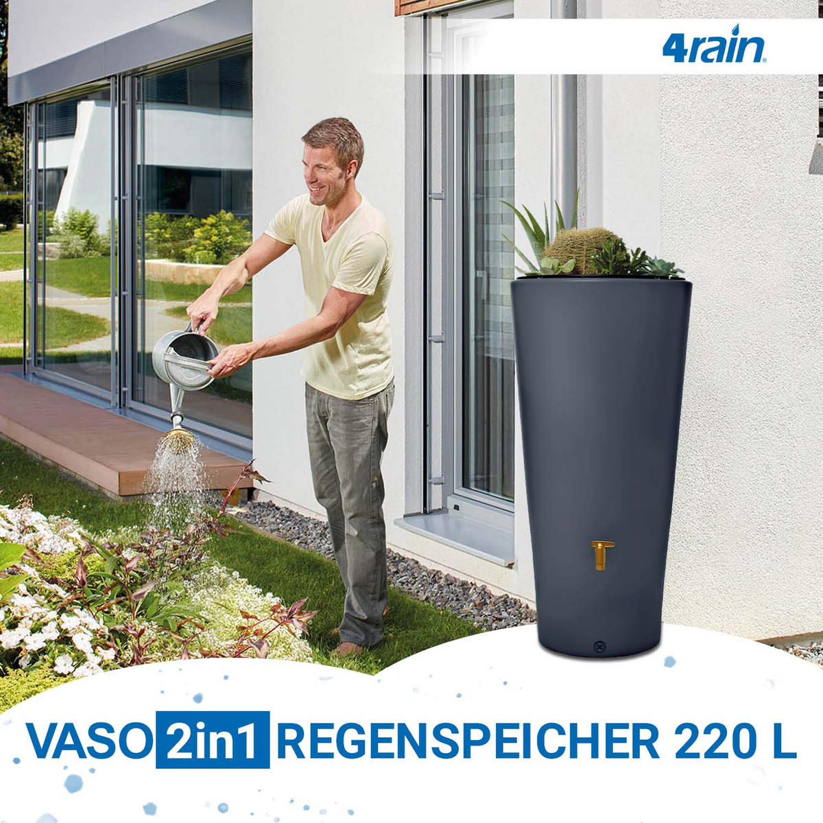2IN1 Regentonnen Komplett-Set 220 L graphite grey - Grau, Kunststoff (58/120/58cm) - 4rain