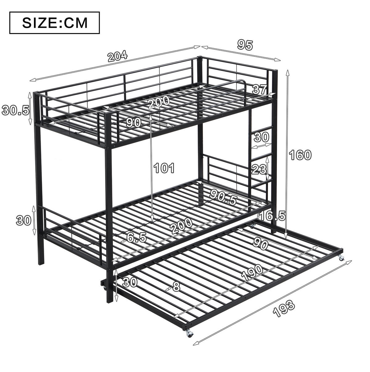 ETAGENBETT aus Metall 90x200 cm in Schwarz mit Ausziehbett - Schwarz, Metall (90/190cm) - Modfu