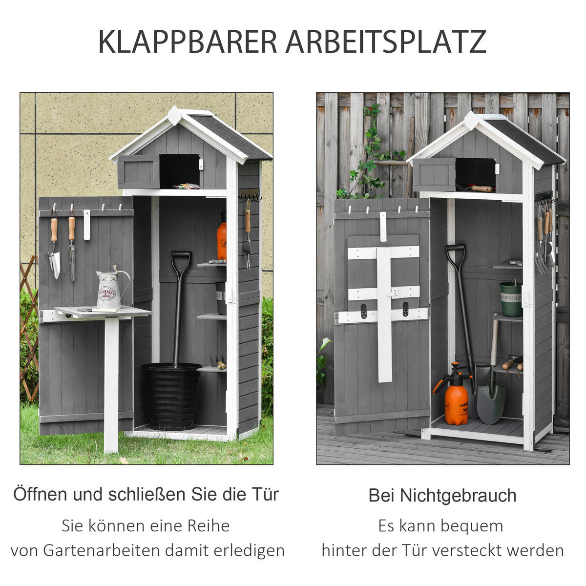 GARTENSCHRANK aus Holz, Gerätehaus mit Tür Dach, Geräteschuppen mit Hacken, Grau - Dunkelgrau, Holz (52.5/182/78cm) - Outsunny