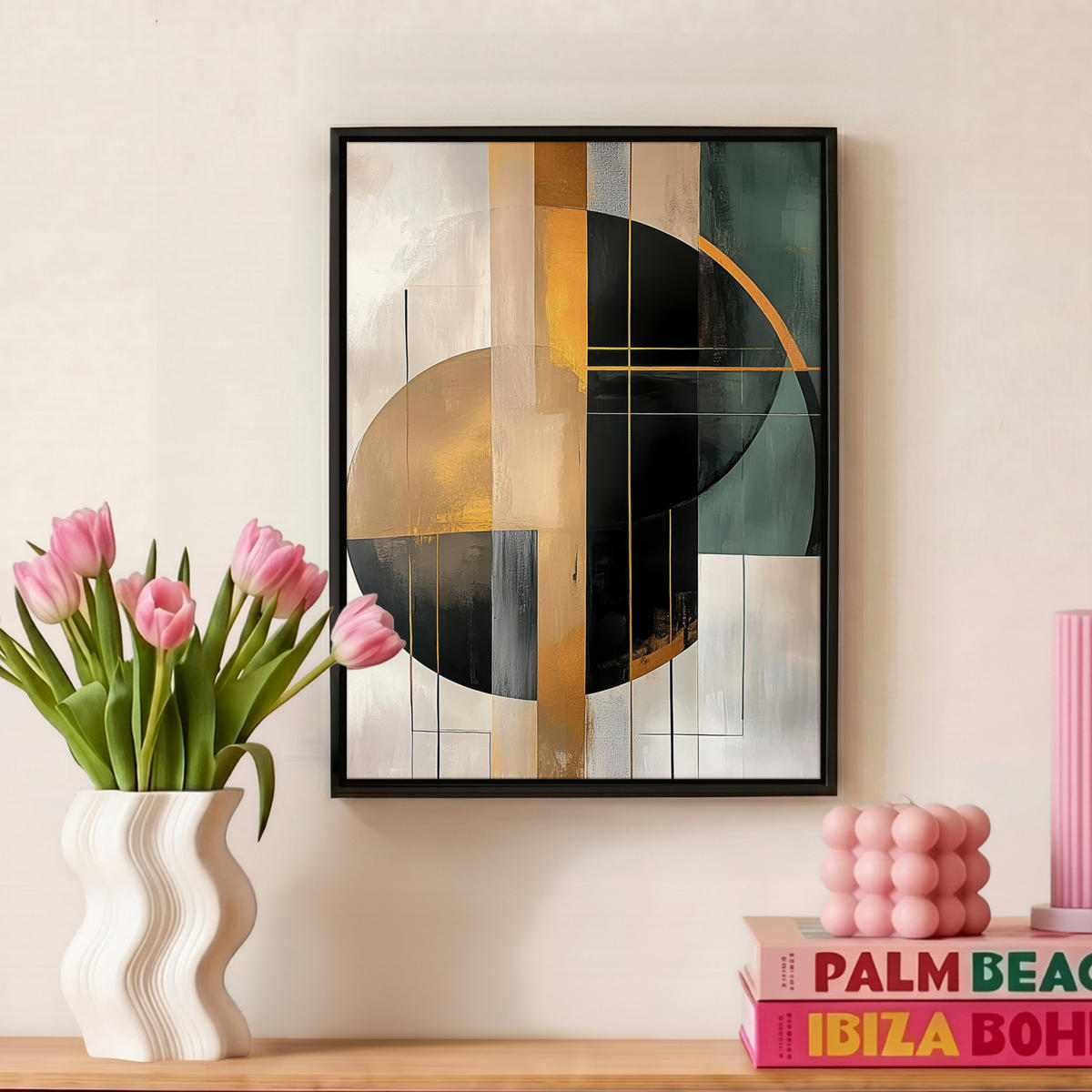 LEINWAND Bilder mit Rahmen - Abstrakt - Gold - Bronze - Grün - Formen - Modern - 30x40 - Multicolor, Textil (30/40cm) - MuchoWow