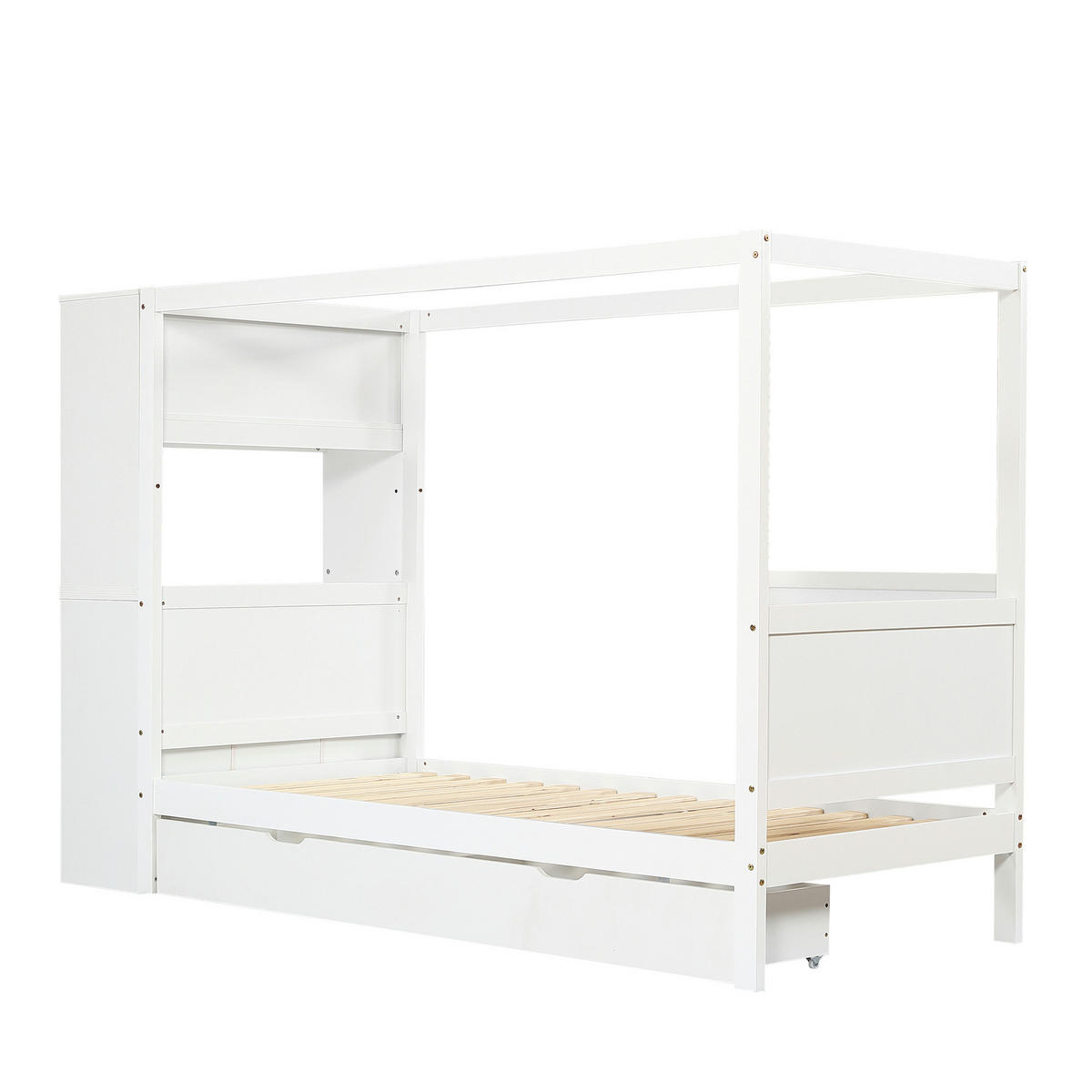 KINDERBETT 90/200 cm in Weiß mit Fallschutz, Stauraum und Himmelstange - Weiß, Holzwerkstoff (90/200cm) - BEAOK