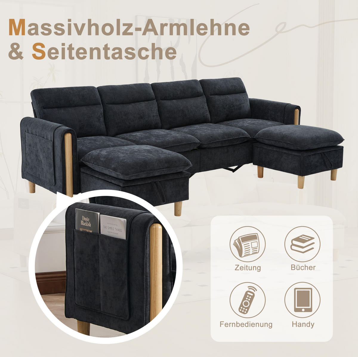 SOFA 261/77/86 cm in Schwarz aus Chenille mit 2 Hockern und Stauraum - Schwarz, Textil (77/86/261cm) - Flora Grace