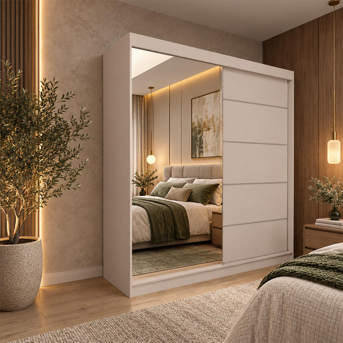 KLEIDERSCHRANK Malika 200 cm Kaschmir Spiegel 2 Schubl. Griffe silber - Kaschmir, Holzwerkstoff (200/216/61cm) - KS Home Concept