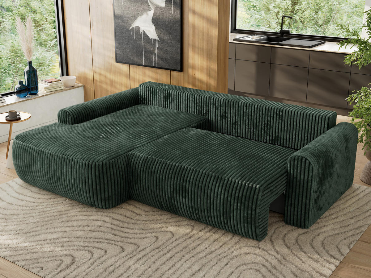 ECKSCHLAFSOFA CUBO L Grün Cord - links - Schwarz/Grün, Kunststoff/Textil (273/187cm) - MKS