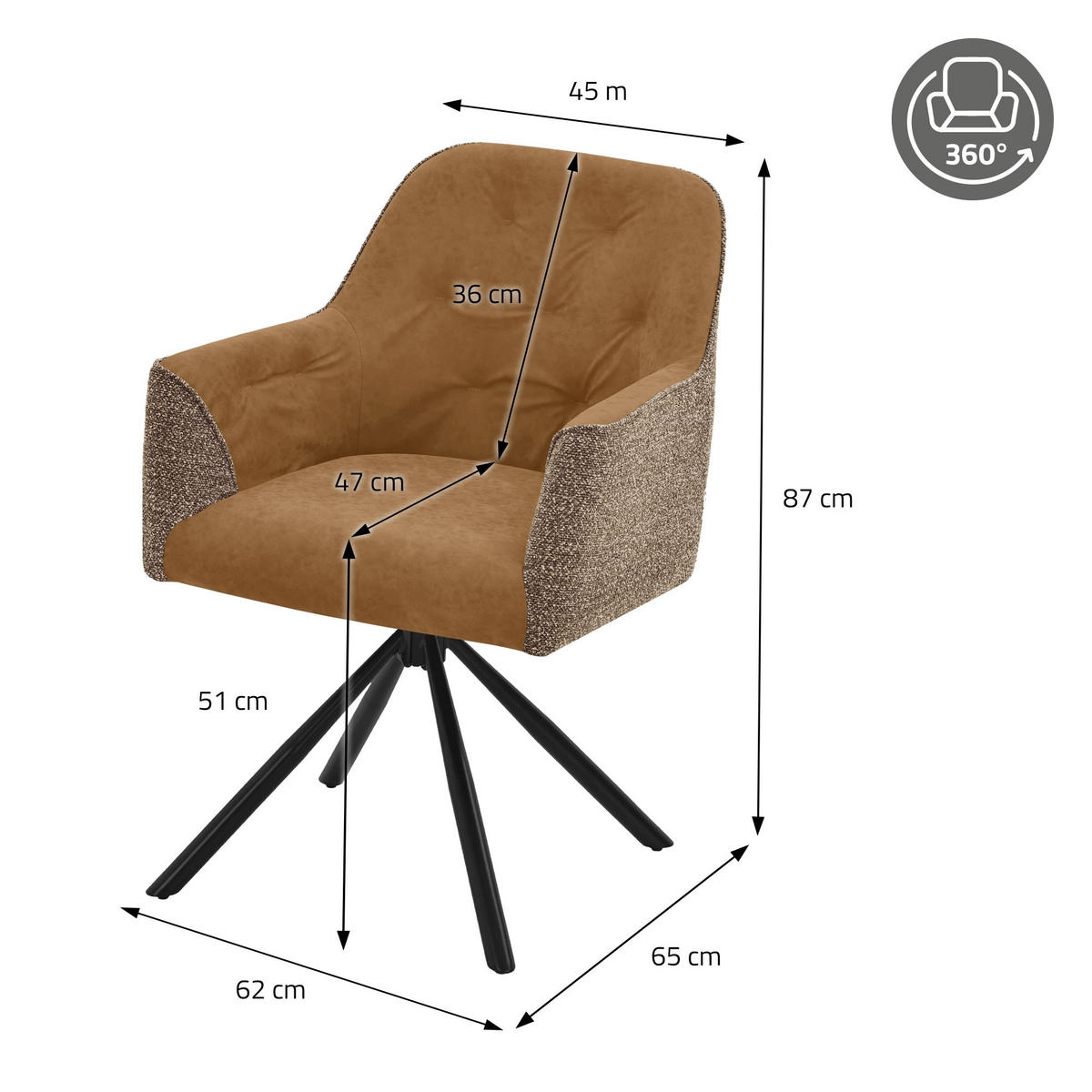 ESSZIMMERSTÜHLE 2er Set drehbar Küchenstühle gepolstert aus Webstoff-Kunstleder Braun - Schwarz/Braun, Textil/Metall (62/81/65cm) - ML-DESIGN