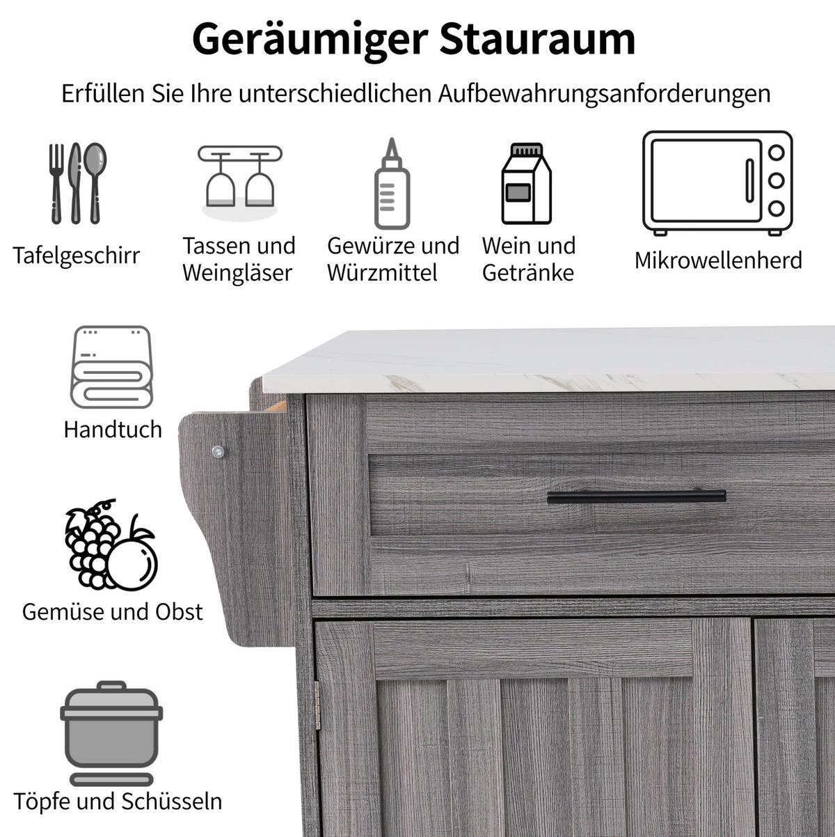 KÜCHENINSEL 129/46(71)/91,5 cm aus MDF mit klappbarer Tischplatte Khakigrau/Weiß - Grau, Holzwerkstoff (129/91.5/71cm) - Modenvie