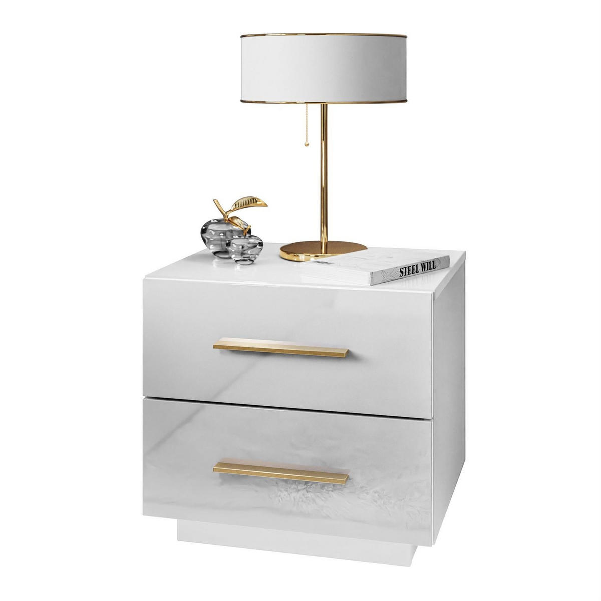 NACHTTISCH LINA LUX mit Griffen und Hochglanzplatte, LED – Griffe: Gold-Matt - Weiß, Holzwerkstoff (45/48/38.5cm) - Lookway