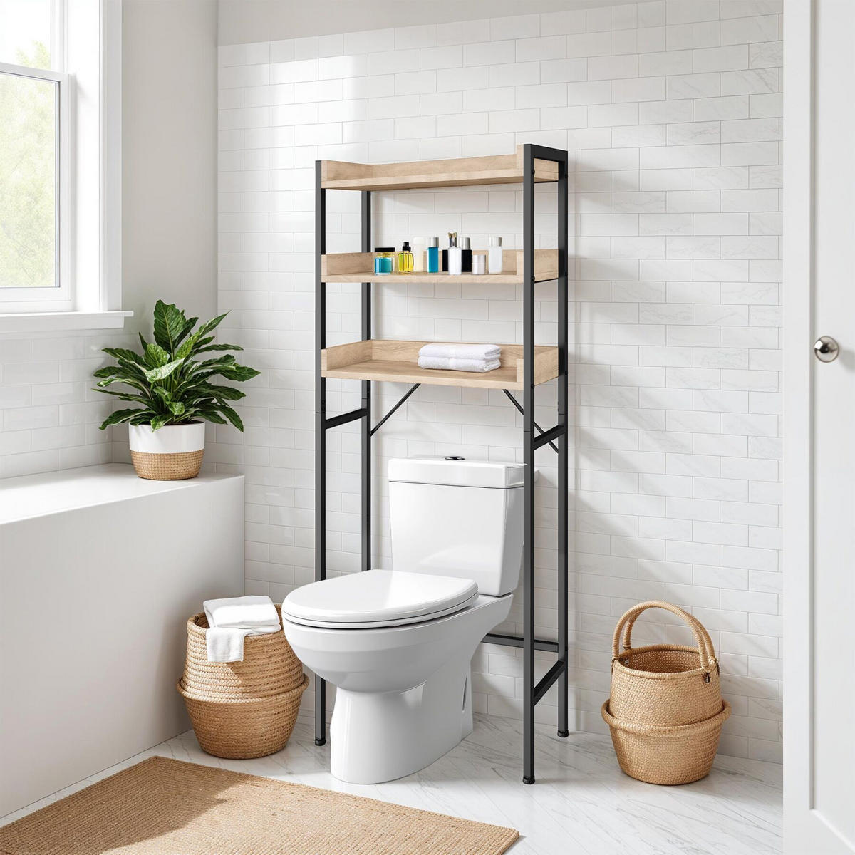 BADEZIMMERREGAL Seattle,inklusive Kippschutz,Industrial Holz hell, Eiche Sonoma - Naturfarben, Holz (63/165/25cm) - tectake