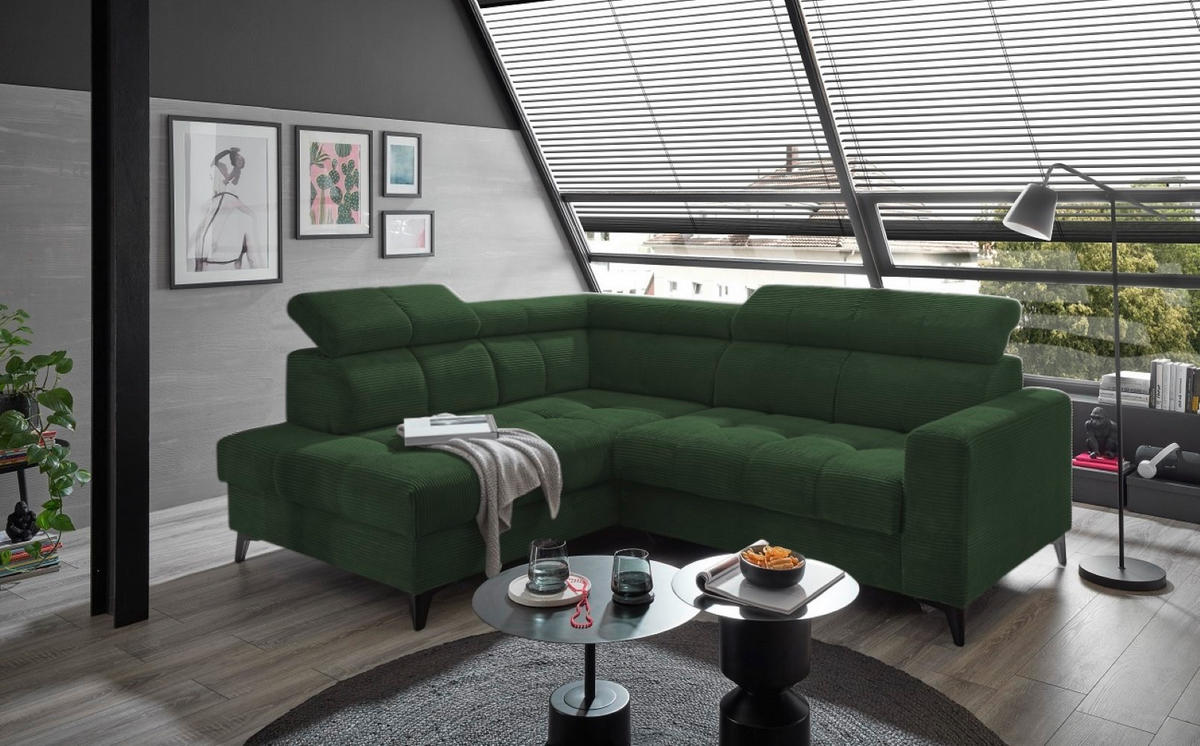 ECKSOFA mit elektronische Sitztiefenverstellung, USB-Anschluss und stilvollem Breitcord-Bezug - Grün, Textil (243/200cm) - ed exciting design