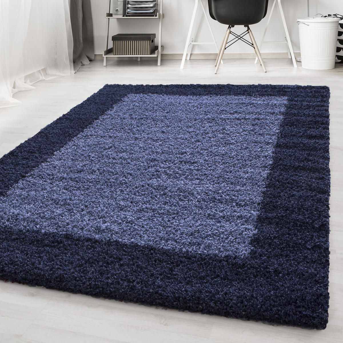 TEPPICH Hochflor einfarbig mit Bordüre Polypropylen Wohnzimmer Marineblau Läufer 100x200 - Blau, Textil (100/200cm) - KADIMA DESIGN