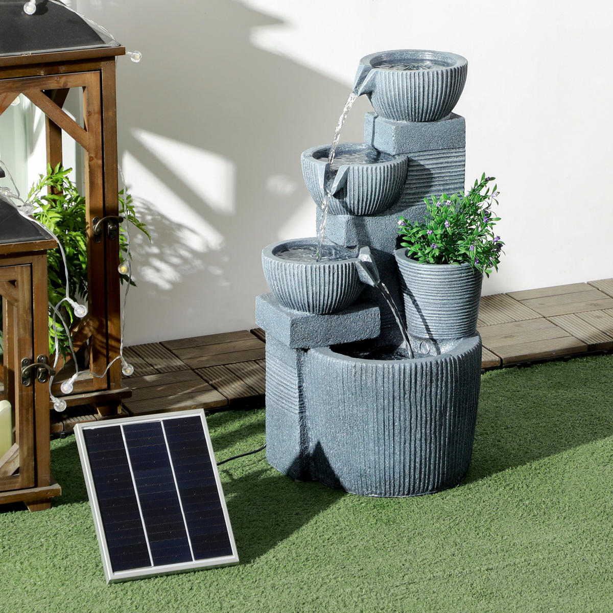 GARTENBRUNNEN DE-10223 4-stufig mit Solar-LEDs Dunkelgrau - Dunkelgrau, Kunststoff (31/27/57cm) - ComfortXL
