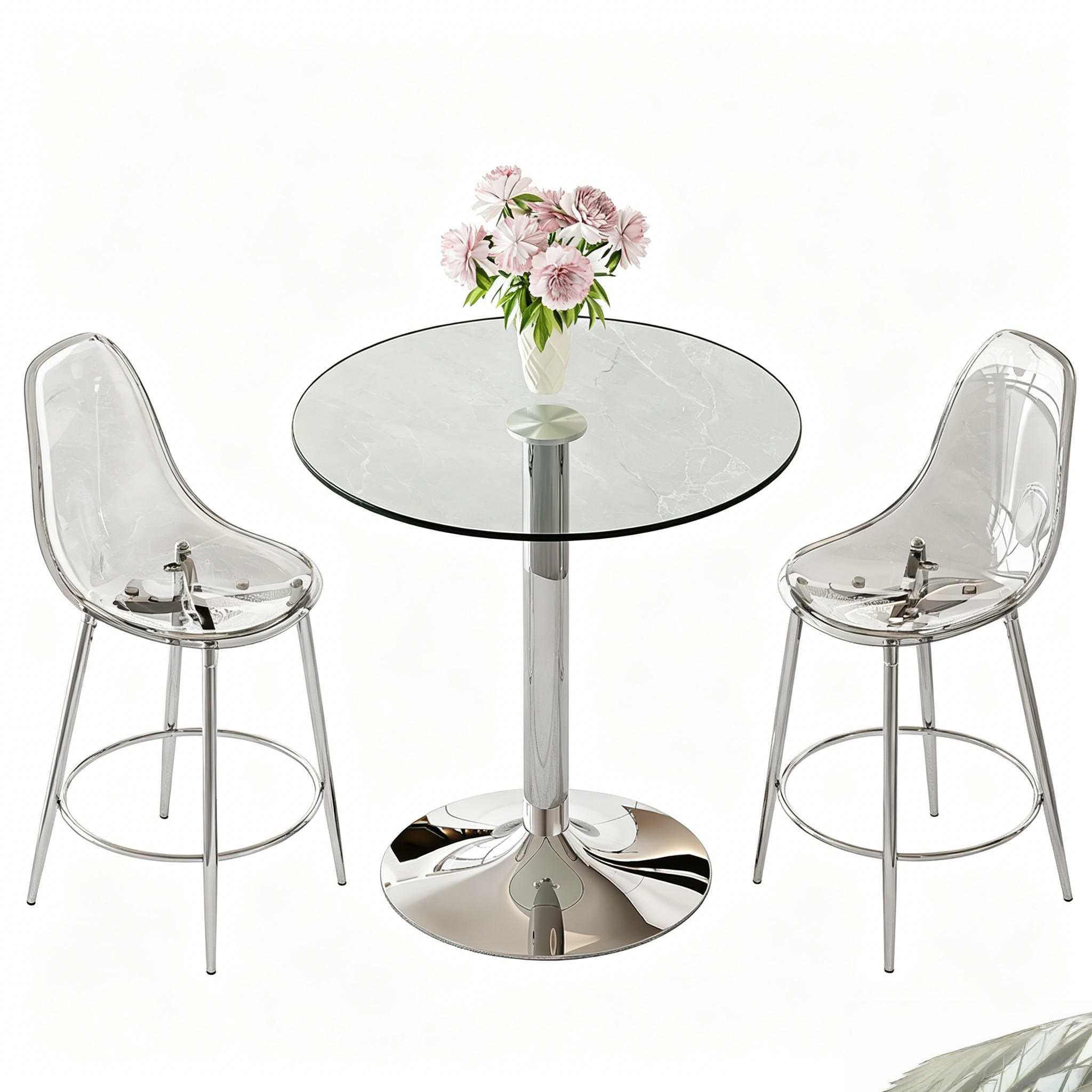 TISCHGRUPPE 3-tlg Glastisch 89 cm mit 2 transparenten Barhockern Silber - Silberfarben, Metall (93.5/5.5/93.5cm) - Raelunyi