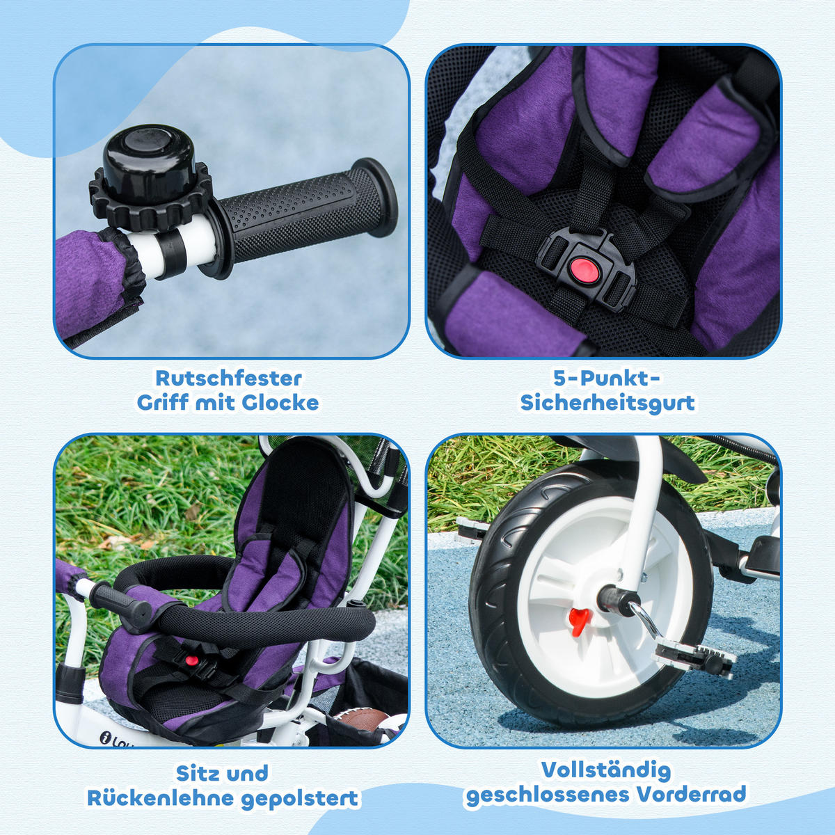 6-IN-1 Dreirad mit Schubstange, Kinderdreirad mit abnehmbarem Sonnendach Violett - Violett, Metall (95/50/106cm) - HOMCOM