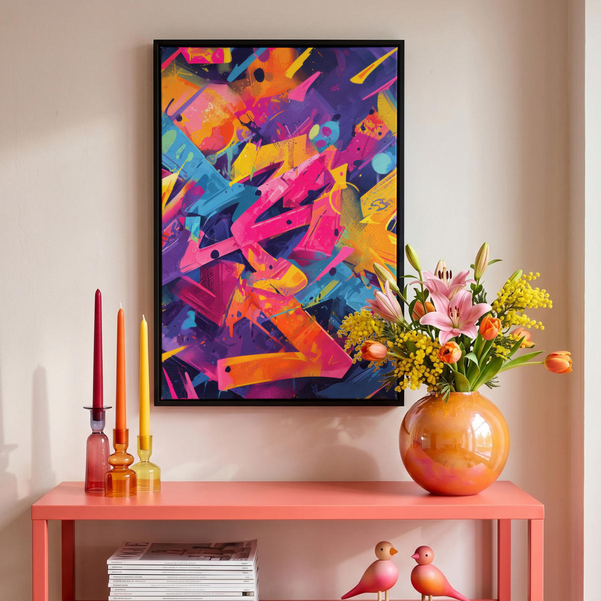 LEINWAND Bilder mit Rahmen - Abstrakt - Formen - Farbenfroh - 40x60 - Magenta, Textil (40/60cm) - MuchoWow