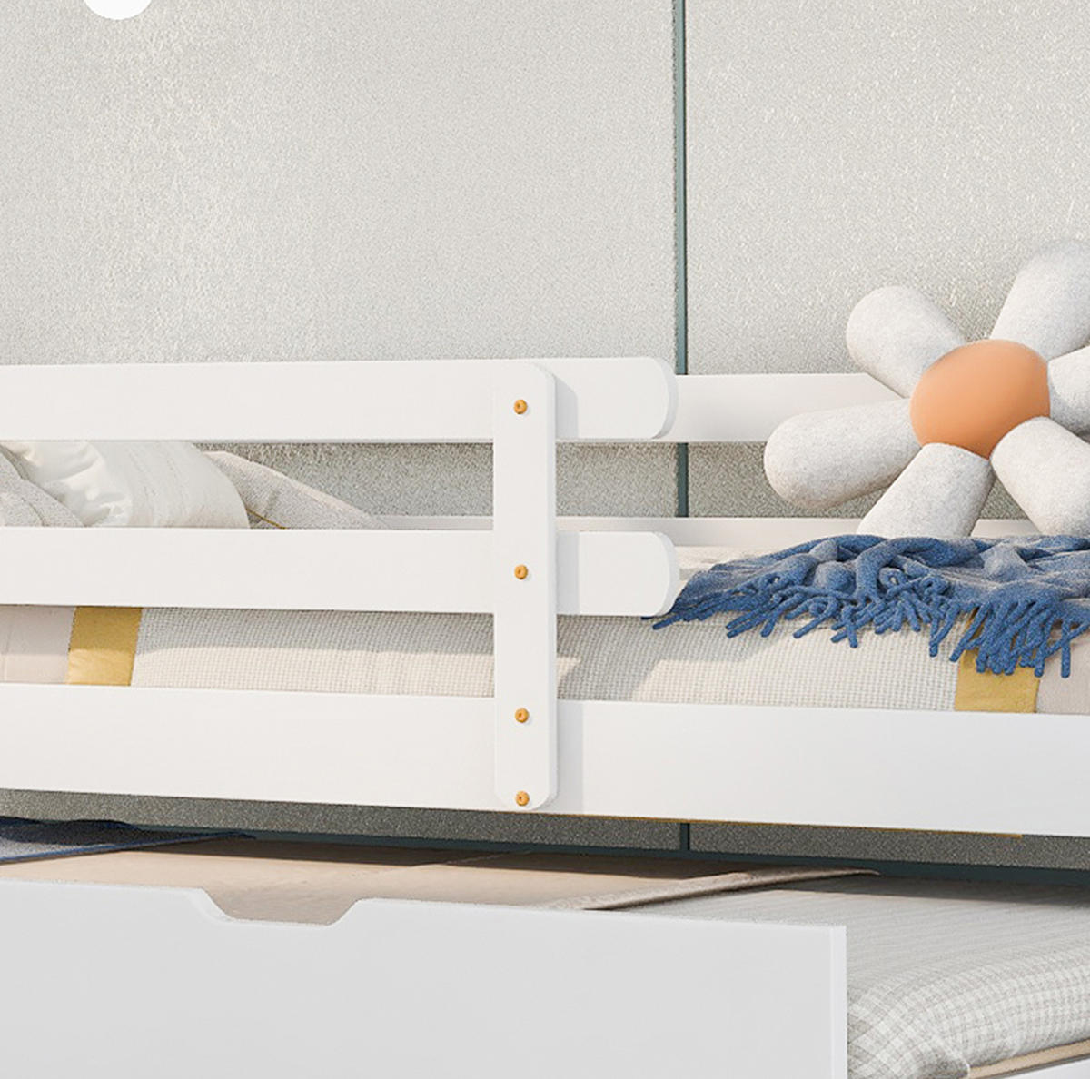 HAUSBETT 90/200 cm mit Ausziehbett, Rundum-Sicherheitsgeländer und Massivholzgestell, Weiß/Natur - Weiß, Holz (90/200cm) - Redom