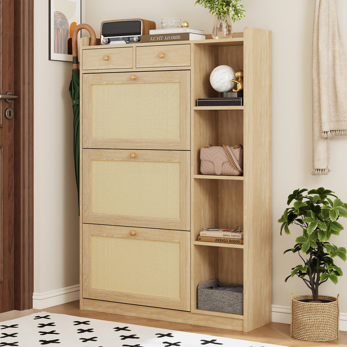 SCHUHSCHRANK 90x24x130cm Rattan mit 3 Klappen, 2 Schubl. - Naturfarben, Holzwerkstoff (90/130/24cm) - FLIEKS