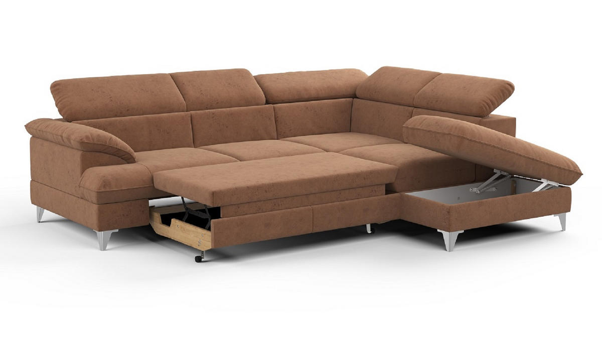 ECKSOFA mit Schlaffunktion und Bettkasten, verstellbare Kopfstützen - Chromfarben/Braun, Textil/Metall (208/256cm) - Cotta