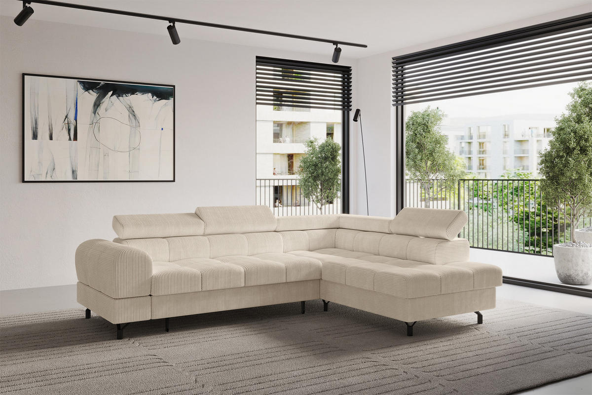 ECKSOFA mit Schlaffunktion Ottomane Rechts LUMA-L 272x203x70 Beige Cord - Beige/Schwarz, Holzwerkstoff/Kunststoff (203/272cm) - ALTDECOR