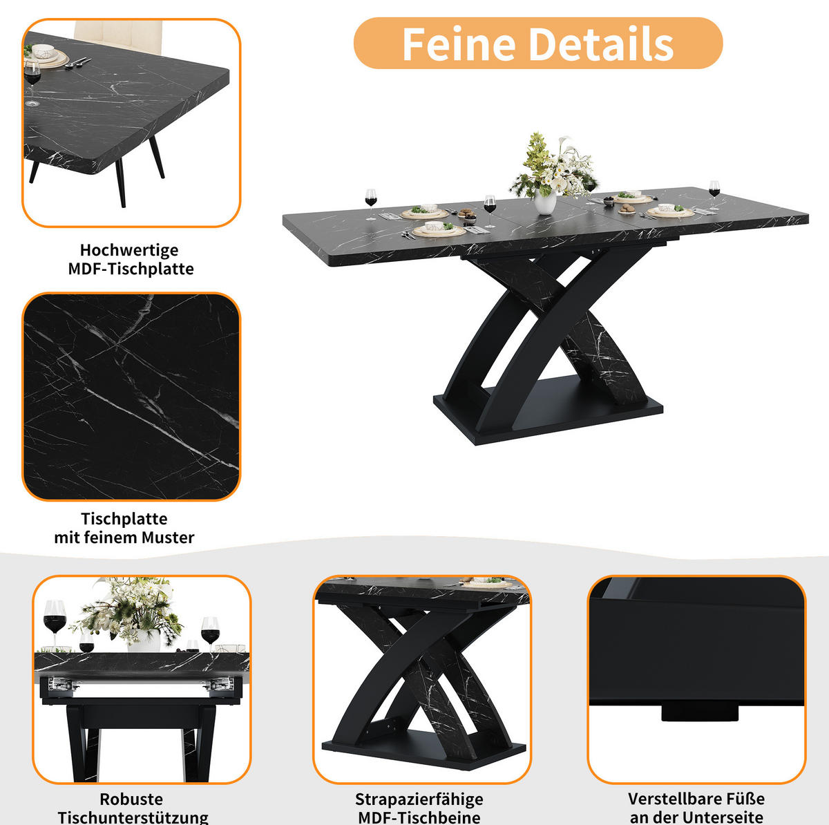 ESSTISCH 120/80/75 cm schwarz aus MDF und Metall ausziehbar - Schwarz, Holzwerkstoff (120/80/75cm) - OKWISH