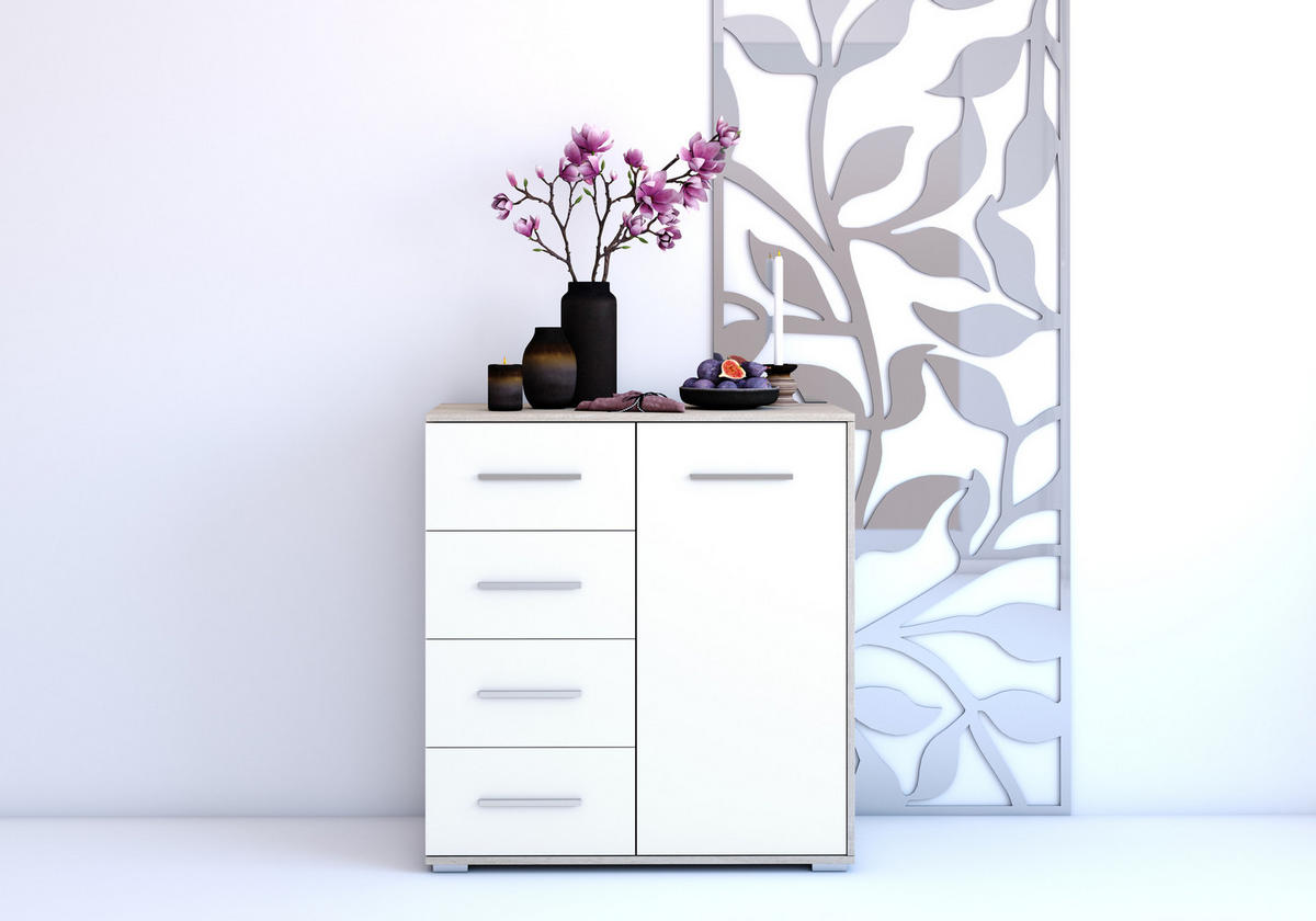 KOMMODE - Highboard IRYS MINI (sonoma + Weiß) - Weiß/Sonoma Eiche, Holzwerkstoff (90/95/45cm) - Möblo