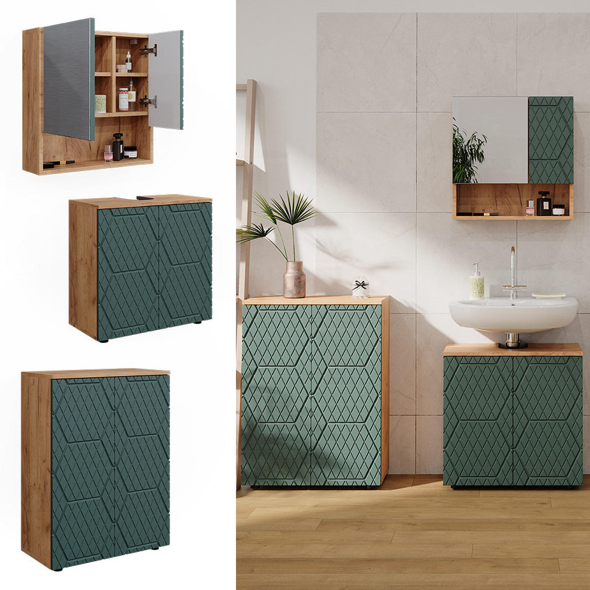 BADMÖBEL-SET Irma Grün 3 Teile, mit Unterschrank 60 cm - Honigeiche/Grün, Holzwerkstoff (80/58.6/41cm) - Vicco