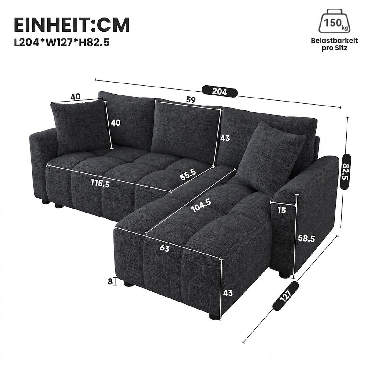 ECKSOFA 204/127/82.5 cm Grau Chenille mit 2 Zierkissen - Grau, Holz/Textil (204/127cm) - Oxeza