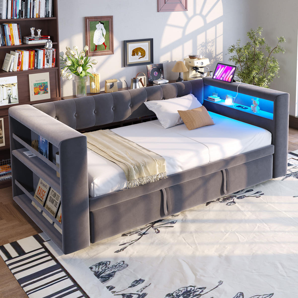 POLSTERBETT 90/180 x 190 cm aus Flannelette mit LED und Stauraum Dunkelgrau/Hellgrau - Dunkelgrau, Textil (90/180cm) - Modenvie