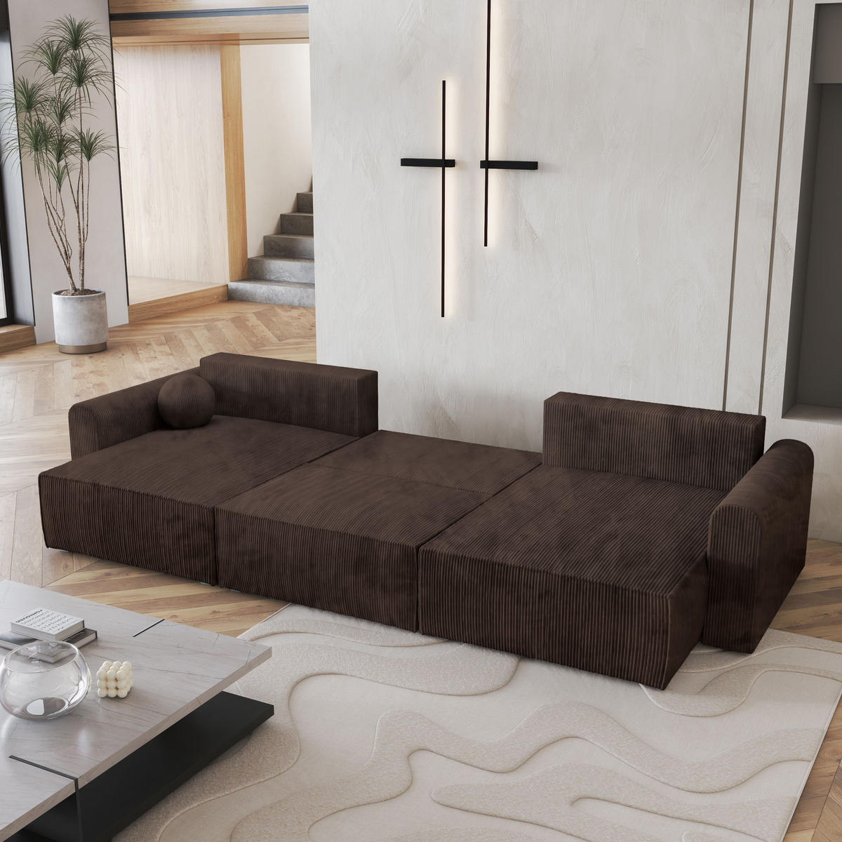 WOHNLANDSCHAFT FENTO P Braun Kordstoff mit Schlaffunktion - Braun, Holz (347/90/148cm) - MASSENO