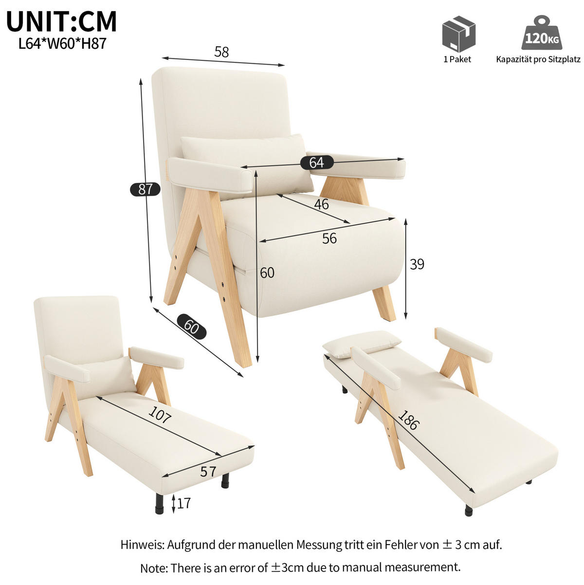 SESSEL 87/64/60 cm Beige aus Linen mit Schlaffunktion - Beige, Textil (87/64/60cm) - OKMYHOME