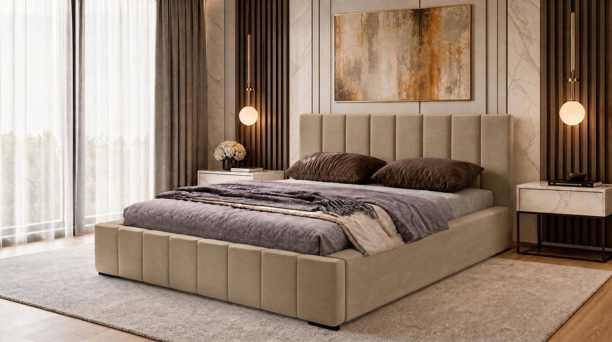 MARPUR Polsterbett NERO 180x200 cm mit Bettkasten und Lattenrost, Hellbraun - Chromfarben/Hellbraun, Holz/Holzwerkstoff (180/200cm) - Marpur