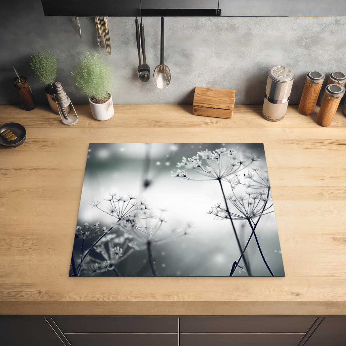 HERDABDECKPLATTE Blumen - Winter - Schnee - Natur Ceranfeldabdeckung 59x52 cm - Grau, Kunststoff (59/52/0.2cm) - MuchoWow
