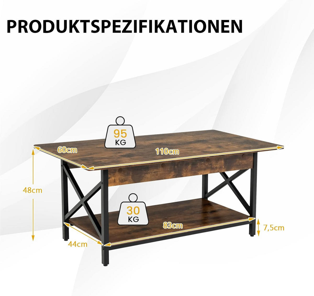 COUCHTISCH Braun - Braun, Holz (110/60/48cm) - COSTWAY