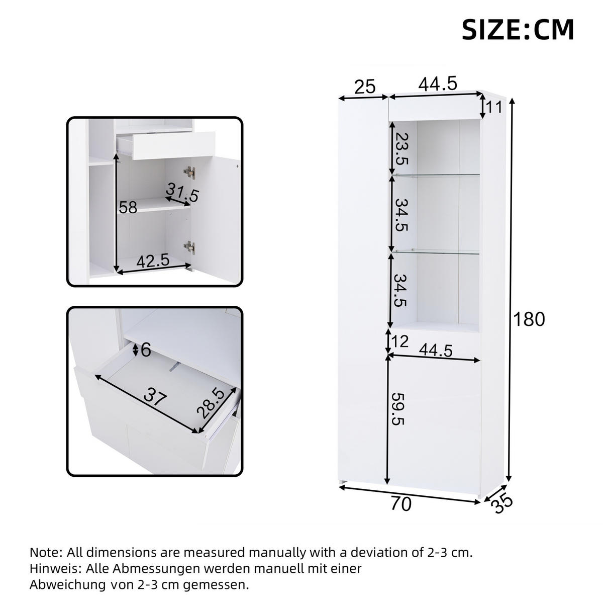 VITRINA 70/35/180 cm bijela od iverice s LED rasvjetom i ladicom - bijela, drvni materijal (70/180/35cm) - OKWISH