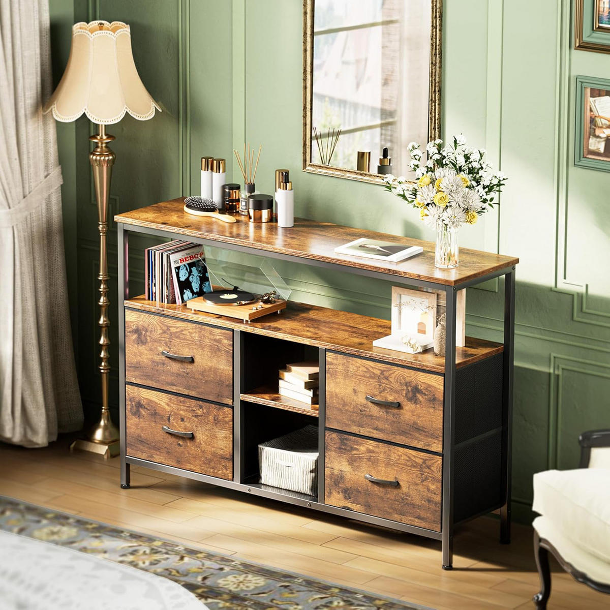 TV-SCHRANK 137 CM - Tigerholz-Optik mit Tigerholz-Stoffschubladen - Bernsteinfarben, Holz (30/78/137cm)